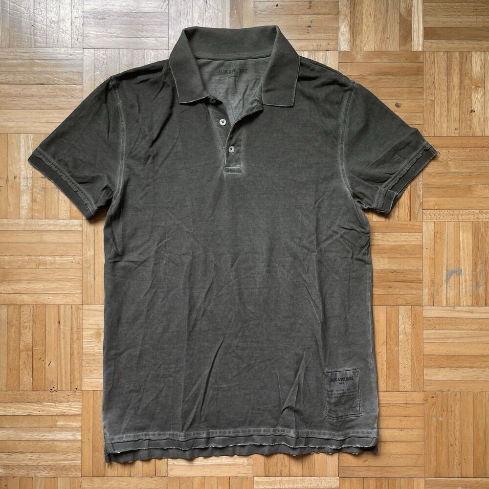 Zadig & Voltaire Trot Polo Shirt Men's Medium Distressed Grey Button Cold Dyed